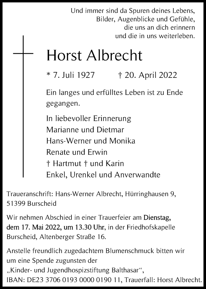  Traueranzeige für Horst Albrecht vom 07.05.2022 aus Kölner Stadt-Anzeiger / Kölnische Rundschau / Express