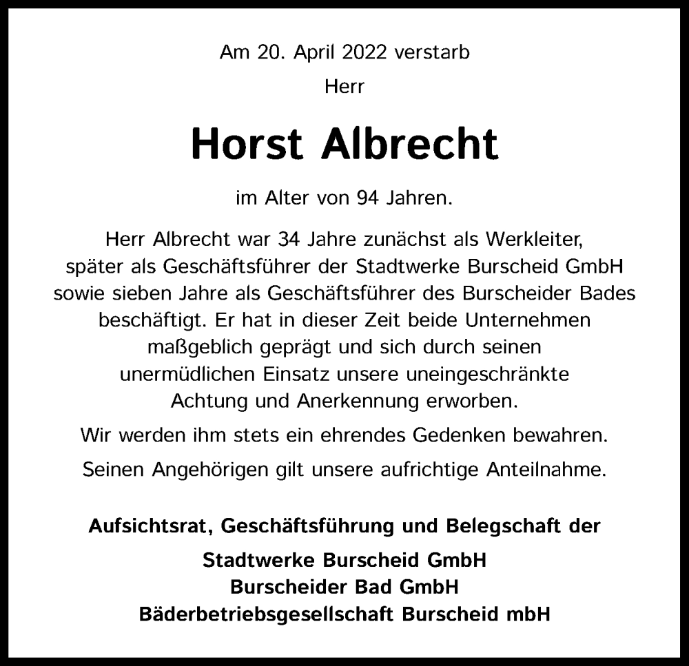  Traueranzeige für Horst Albrecht vom 14.05.2022 aus Kölner Stadt-Anzeiger / Kölnische Rundschau / Express