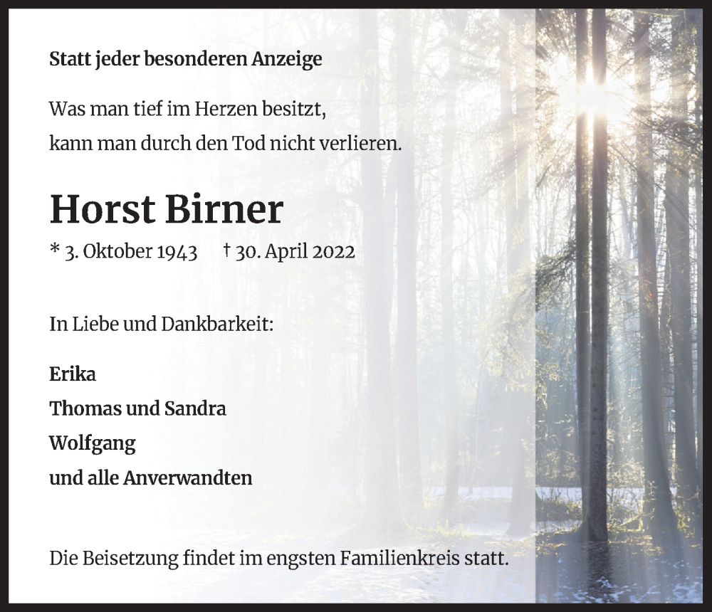  Traueranzeige für Horst Birner vom 07.05.2022 aus Kölner Stadt-Anzeiger / Kölnische Rundschau / Express