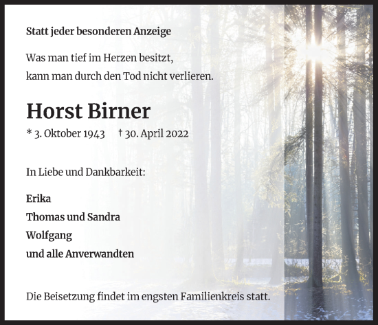 Anzeige von Horst Birner von Kölner Stadt-Anzeiger / Kölnische Rundschau / Express