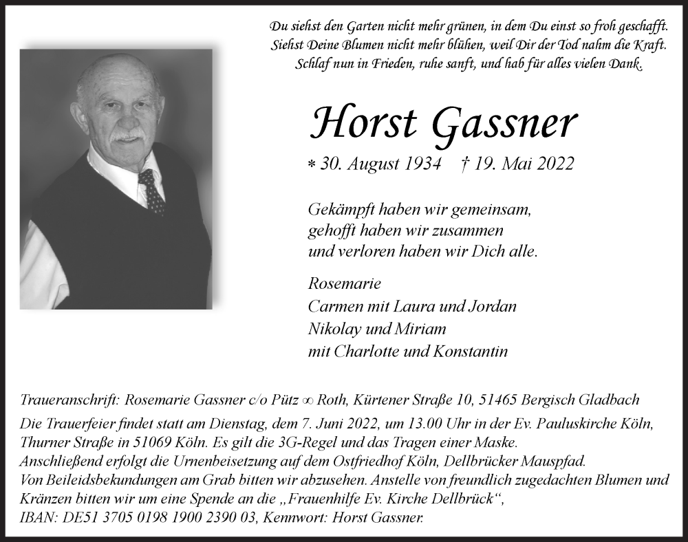  Traueranzeige für Horst Gassner vom 27.05.2022 aus  Bergisches Handelsblatt 