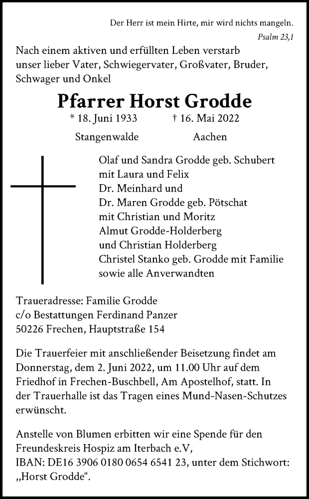  Traueranzeige für Horst Grodde vom 21.05.2022 aus Kölner Stadt-Anzeiger / Kölnische Rundschau / Express