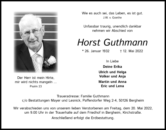 Anzeige von Horst Guthmann von Kölner Stadt-Anzeiger / Kölnische Rundschau / Express