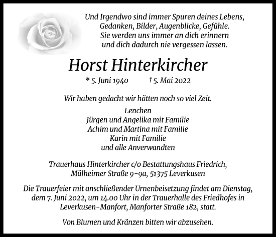 Anzeige von Horst Hinterkircher von Kölner Stadt-Anzeiger / Kölnische Rundschau / Express