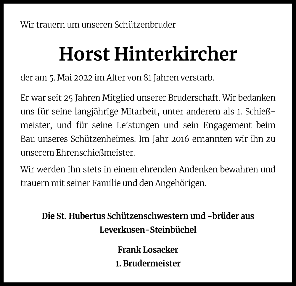  Traueranzeige für Horst Hinterkircher vom 28.05.2022 aus Kölner Stadt-Anzeiger / Kölnische Rundschau / Express