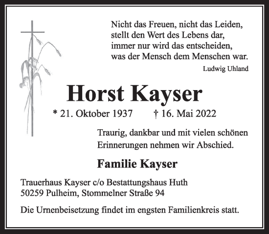 Anzeige von Horst Kayser von  Wochenende 