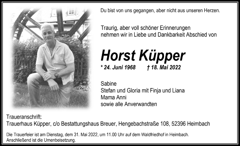  Traueranzeige für Horst Küpper vom 21.05.2022 aus  Blickpunkt Euskirchen 