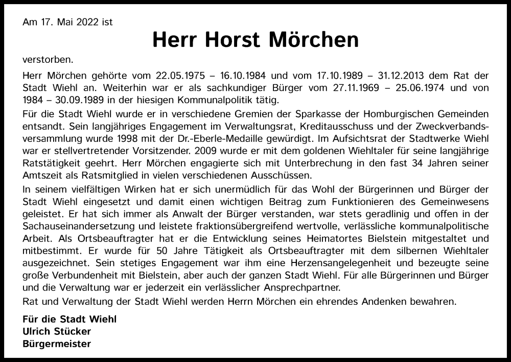  Traueranzeige für Horst Mörchen vom 24.05.2022 aus Kölner Stadt-Anzeiger / Kölnische Rundschau / Express