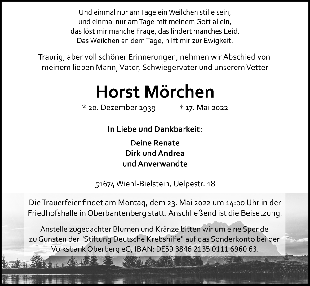  Traueranzeige für Horst Mörchen vom 19.05.2022 aus Kölner Stadt-Anzeiger / Kölnische Rundschau / Express
