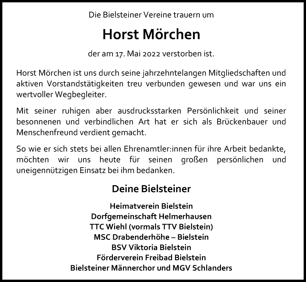  Traueranzeige für Horst Mörchen vom 19.05.2022 aus Kölner Stadt-Anzeiger / Kölnische Rundschau / Express