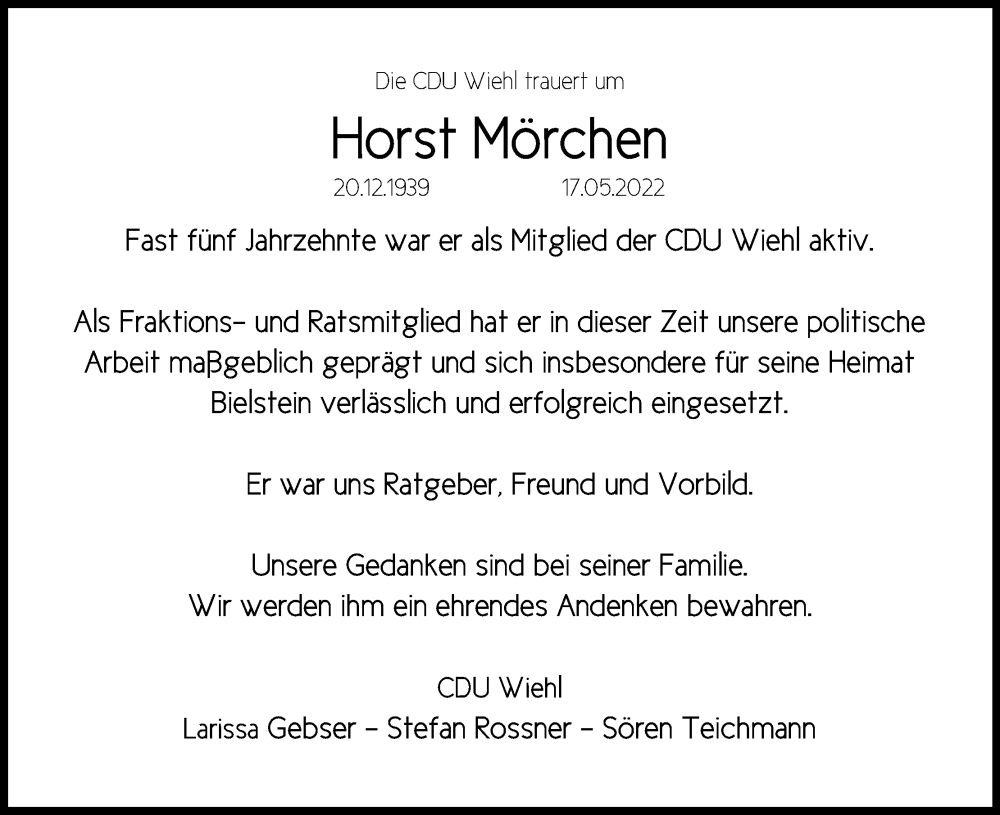  Traueranzeige für Horst Mörchen vom 21.05.2022 aus Kölner Stadt-Anzeiger / Kölnische Rundschau / Express
