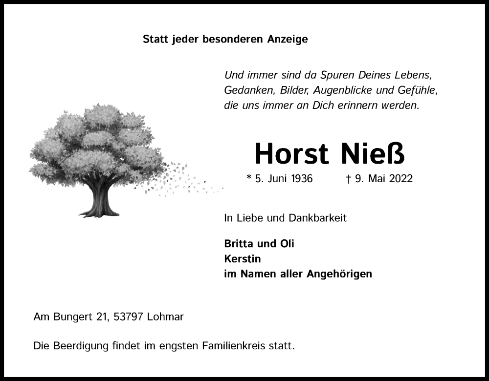  Traueranzeige für Horst Nieß vom 14.05.2022 aus Kölner Stadt-Anzeiger / Kölnische Rundschau / Express