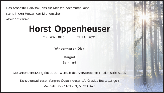Anzeige von Horst Oppenheuser von Kölner Stadt-Anzeiger / Kölnische Rundschau / Express