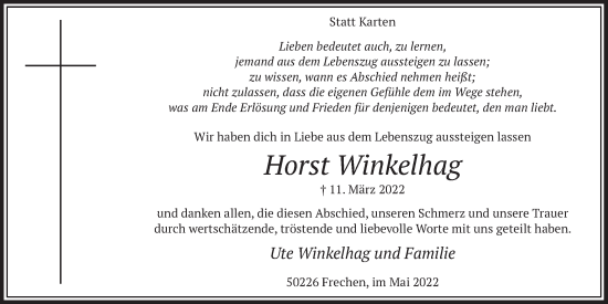 Anzeige von Horst Winkelhag von  Wochenende 