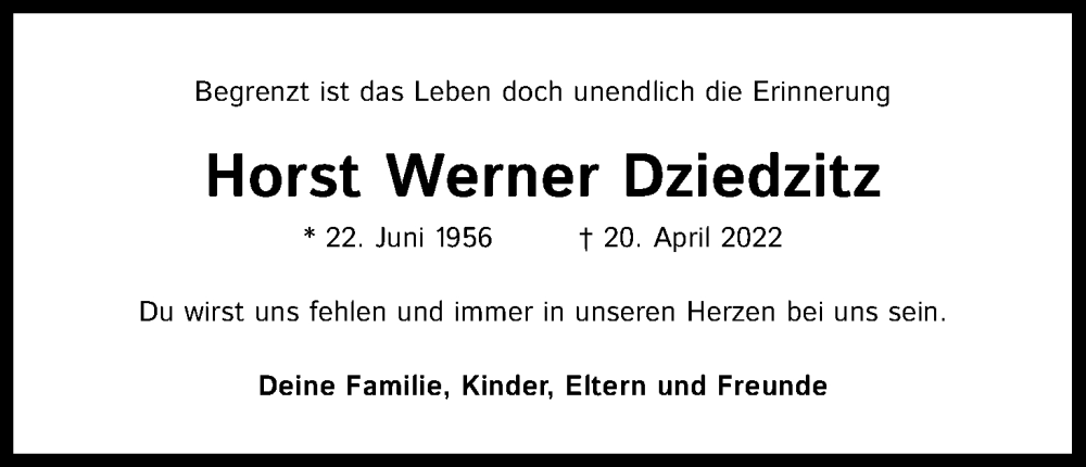  Traueranzeige für Horst Werner Dziedzitz vom 14.05.2022 aus Kölner Stadt-Anzeiger / Kölnische Rundschau / Express