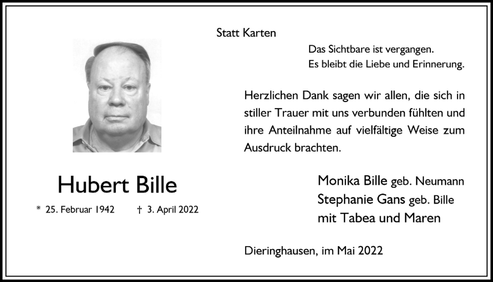  Traueranzeige für Hubert Bille vom 06.05.2022 aus  Anzeigen Echo 