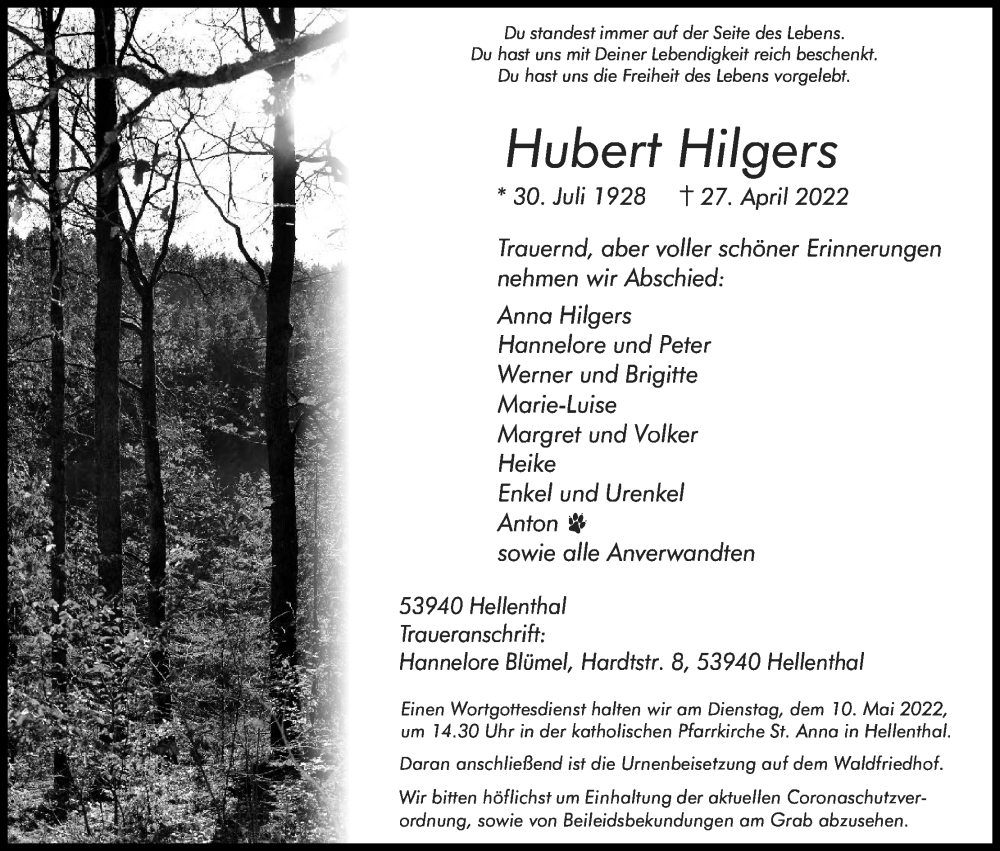  Traueranzeige für Hubert Hilgers vom 07.05.2022 aus Kölner Stadt-Anzeiger / Kölnische Rundschau / Express