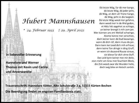 Anzeige von Hubert Mannshausen von Kölner Stadt-Anzeiger / Kölnische Rundschau / Express