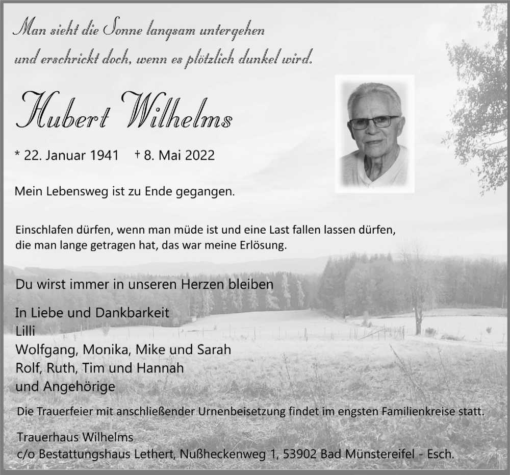  Traueranzeige für Hubert Wilhelms vom 20.05.2022 aus  Werbepost 