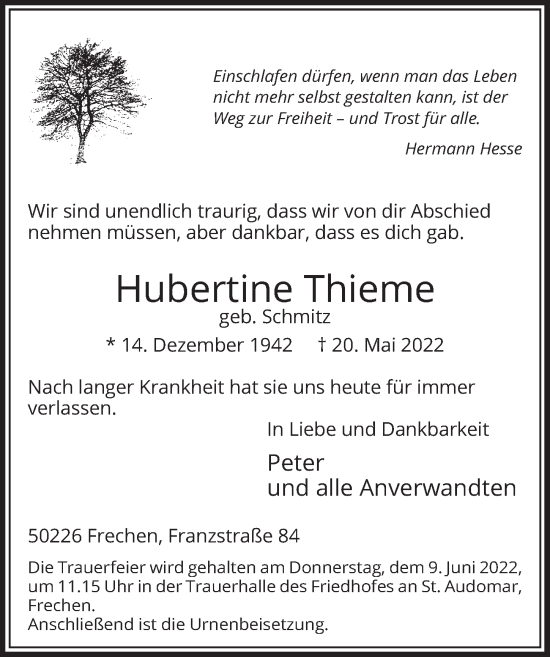 Anzeige von Hubertine Thieme von  Wochenende 