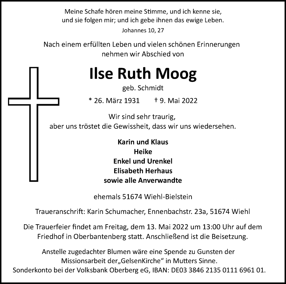  Traueranzeige für Ilse  Moog vom 11.05.2022 aus Kölner Stadt-Anzeiger / Kölnische Rundschau / Express