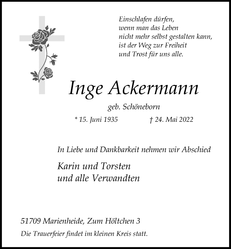  Traueranzeige für Inge Ackermann vom 28.05.2022 aus Kölner Stadt-Anzeiger / Kölnische Rundschau / Express