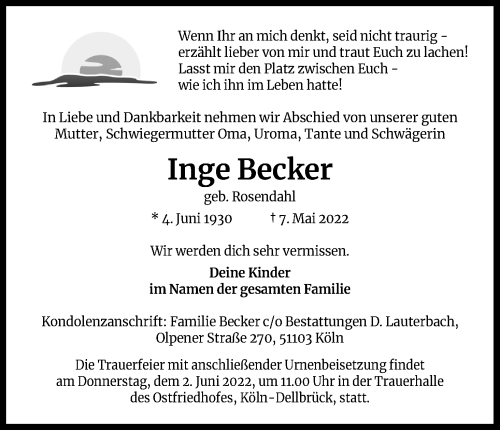  Traueranzeige für Inge Becker vom 28.05.2022 aus Kölner Stadt-Anzeiger / Kölnische Rundschau / Express