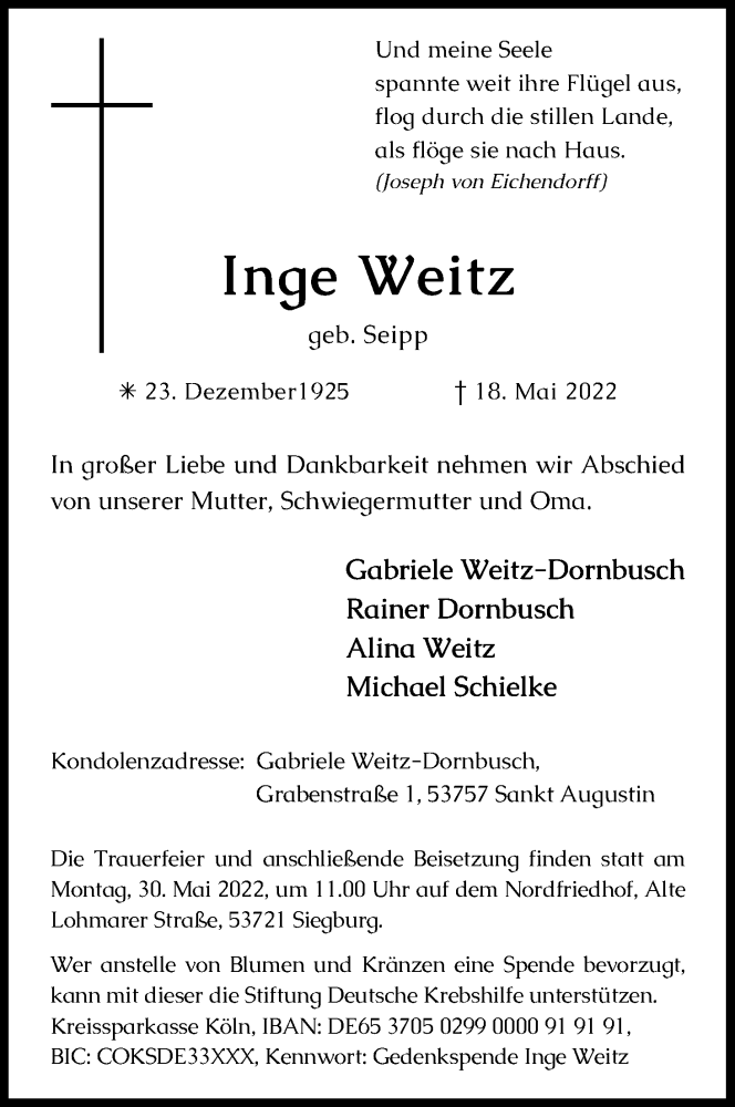  Traueranzeige für Inge Weitz vom 25.05.2022 aus Kölner Stadt-Anzeiger / Kölnische Rundschau / Express