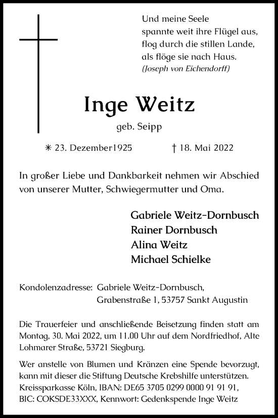 Anzeige von Inge Weitz von Kölner Stadt-Anzeiger / Kölnische Rundschau / Express