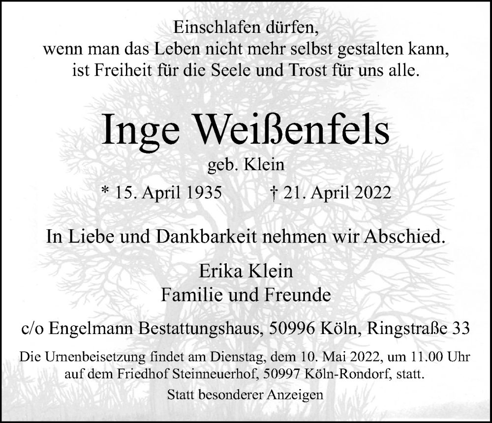  Traueranzeige für Inge Weißenfels vom 07.05.2022 aus Kölner Stadt-Anzeiger / Kölnische Rundschau / Express