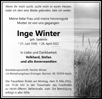 Anzeige von Inge Winter von Kölner Stadt-Anzeiger / Kölnische Rundschau / Express