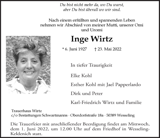 Anzeige von Inge Wirtz von  Schlossbote/Werbekurier 