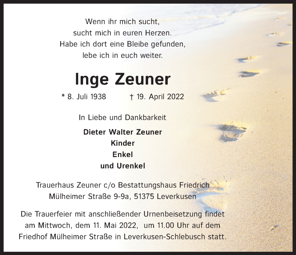  Traueranzeige für Inge Zeuner vom 07.05.2022 aus Kölner Stadt-Anzeiger / Kölnische Rundschau / Express