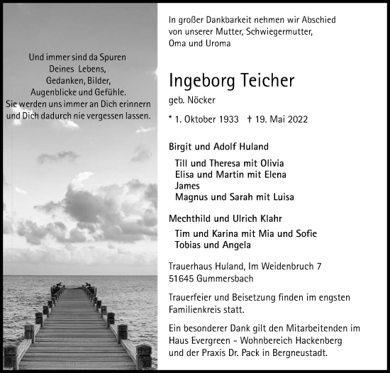 Anzeige von Ingeborg Teicher von Kölner Stadt-Anzeiger / Kölnische Rundschau / Express