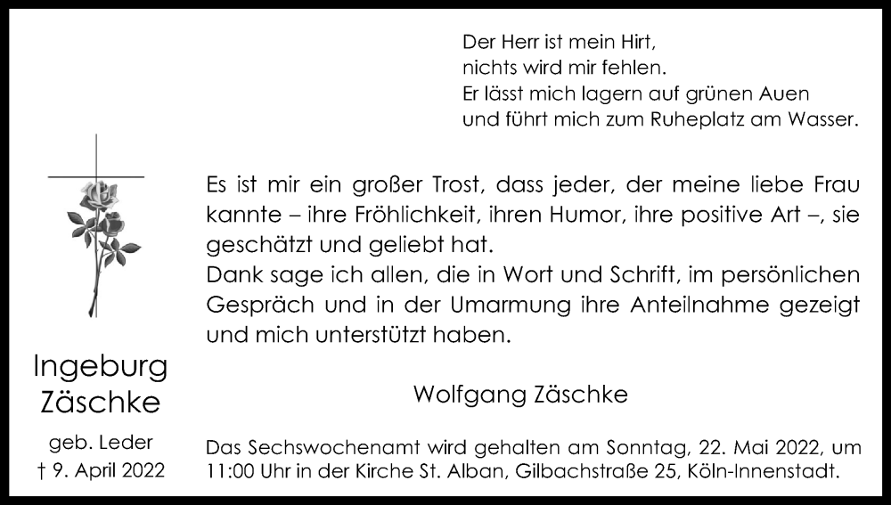  Traueranzeige für Ingeburg Zäschke vom 14.05.2022 aus Kölner Stadt-Anzeiger / Kölnische Rundschau / Express