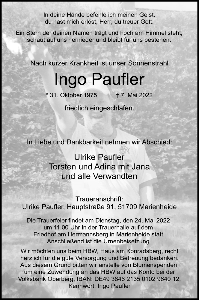  Traueranzeige für Ingo Paufler vom 14.05.2022 aus Kölner Stadt-Anzeiger / Kölnische Rundschau / Express