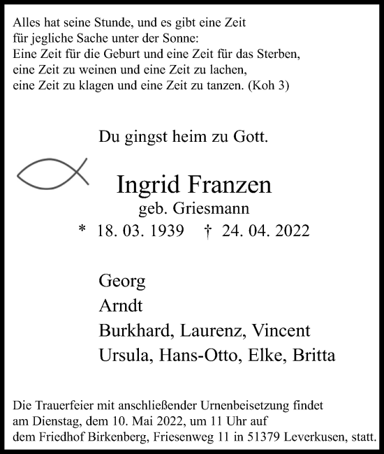 Anzeige von Ingrid Franzen von Kölner Stadt-Anzeiger / Kölnische Rundschau / Express