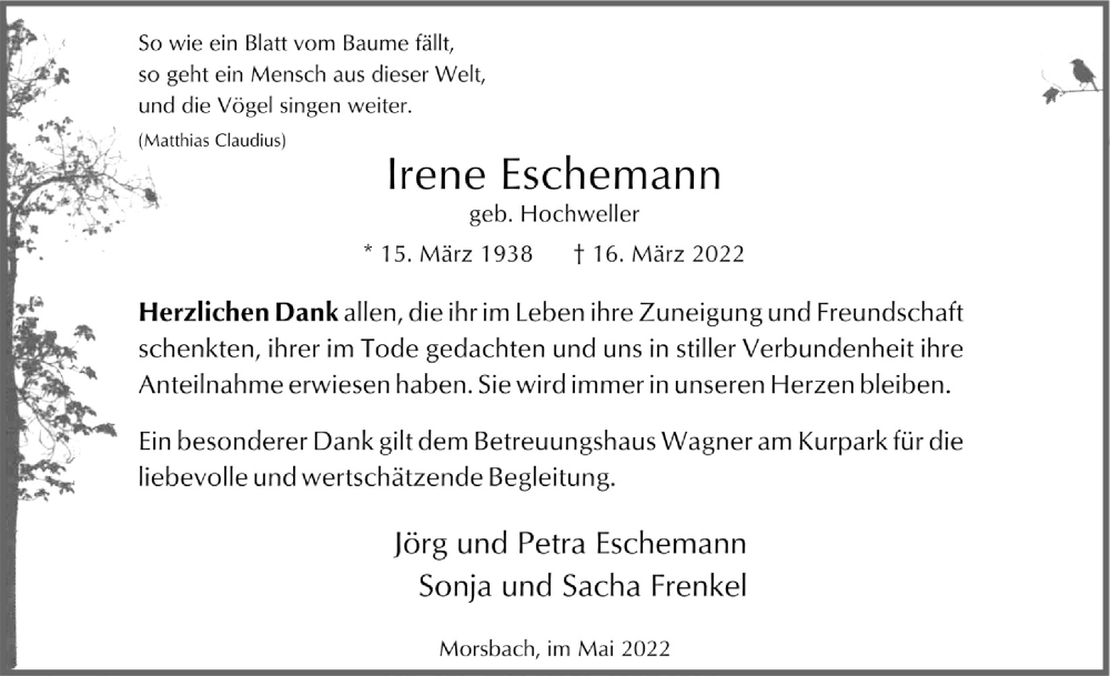  Traueranzeige für Irene Eschemann vom 06.05.2022 aus  Lokalanzeiger 