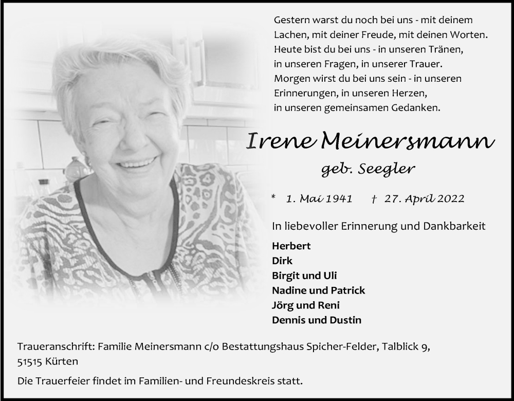  Traueranzeige für Irene Meinersmann vom 07.05.2022 aus Kölner Stadt-Anzeiger / Kölnische Rundschau / Express