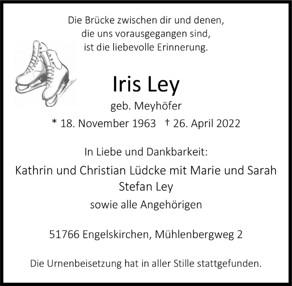  Traueranzeige für Iris Ley vom 06.05.2022 aus  Anzeigen Echo 