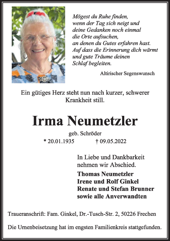 Anzeige von Irma Neumetzler von  Wochenende 