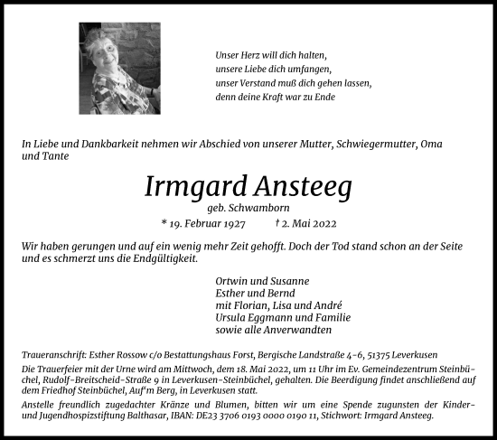 Anzeige von Irmgard Ansteeg von Kölner Stadt-Anzeiger / Kölnische Rundschau / Express