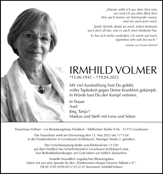 Anzeige von Irmhild Volmer von Kölner Stadt-Anzeiger / Kölnische Rundschau / Express