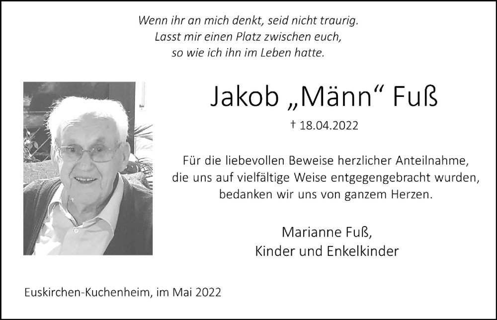  Traueranzeige für Jakob Fuß vom 21.05.2022 aus  Blickpunkt Euskirchen 