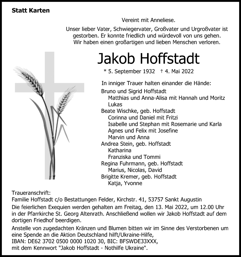  Traueranzeige für Jakob Hoffstadt vom 07.05.2022 aus Kölner Stadt-Anzeiger / Kölnische Rundschau / Express