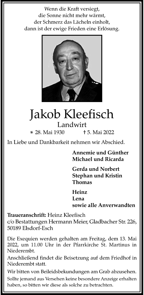 Anzeige von Jakob Kleefisch von Kölner Stadt-Anzeiger / Kölnische Rundschau / Express