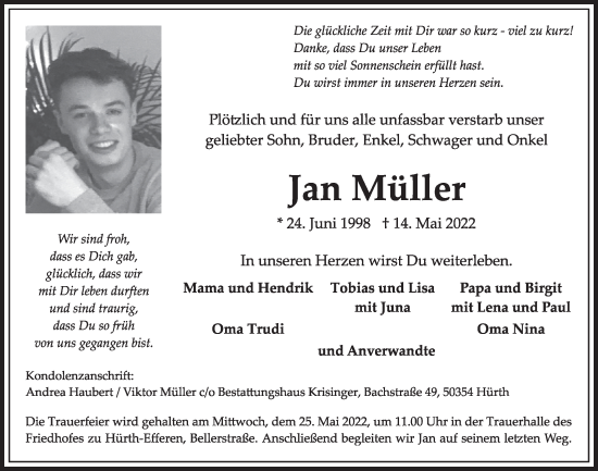 Anzeige von Jan Müller von  Wochenende 