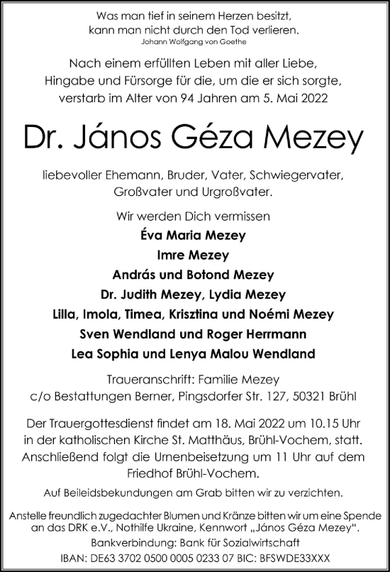 Anzeige von Janos Geza Mezey von  Schlossbote/Werbekurier 