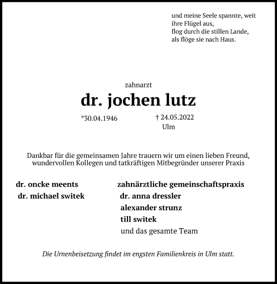 Anzeige von jochen lutz von Kölner Stadt-Anzeiger / Kölnische Rundschau / Express