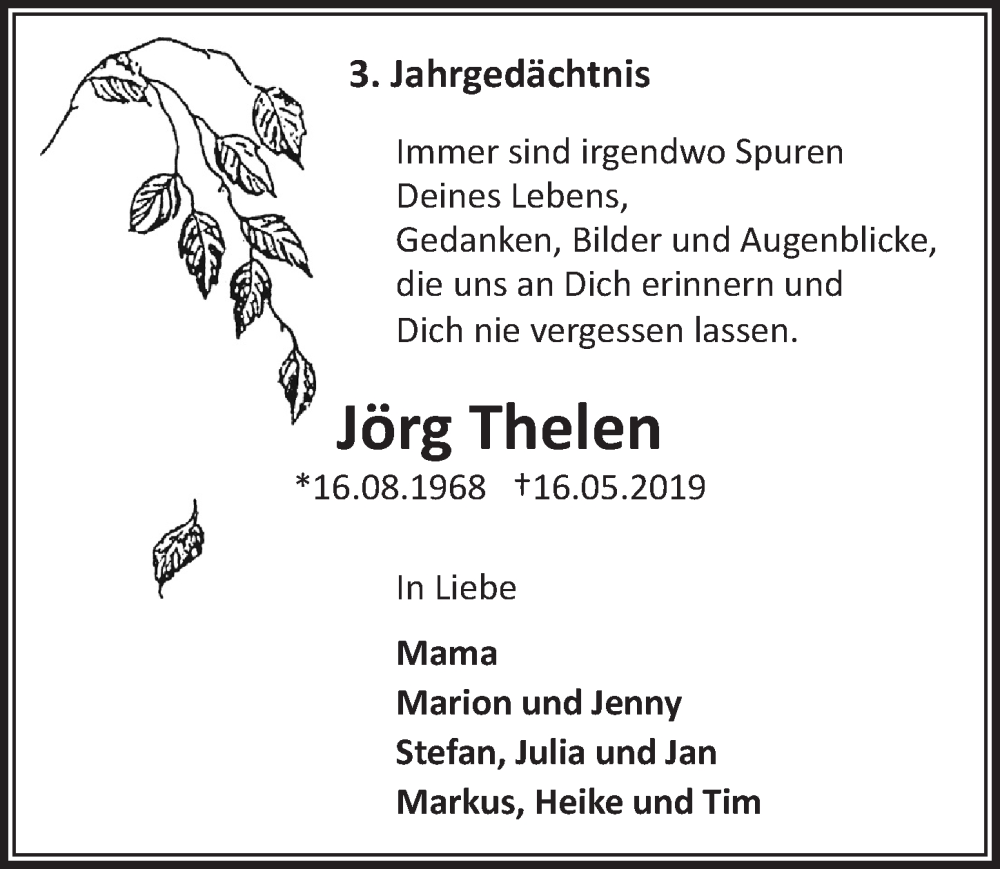  Traueranzeige für Jörg Thelen vom 14.05.2022 aus  Blickpunkt Euskirchen 